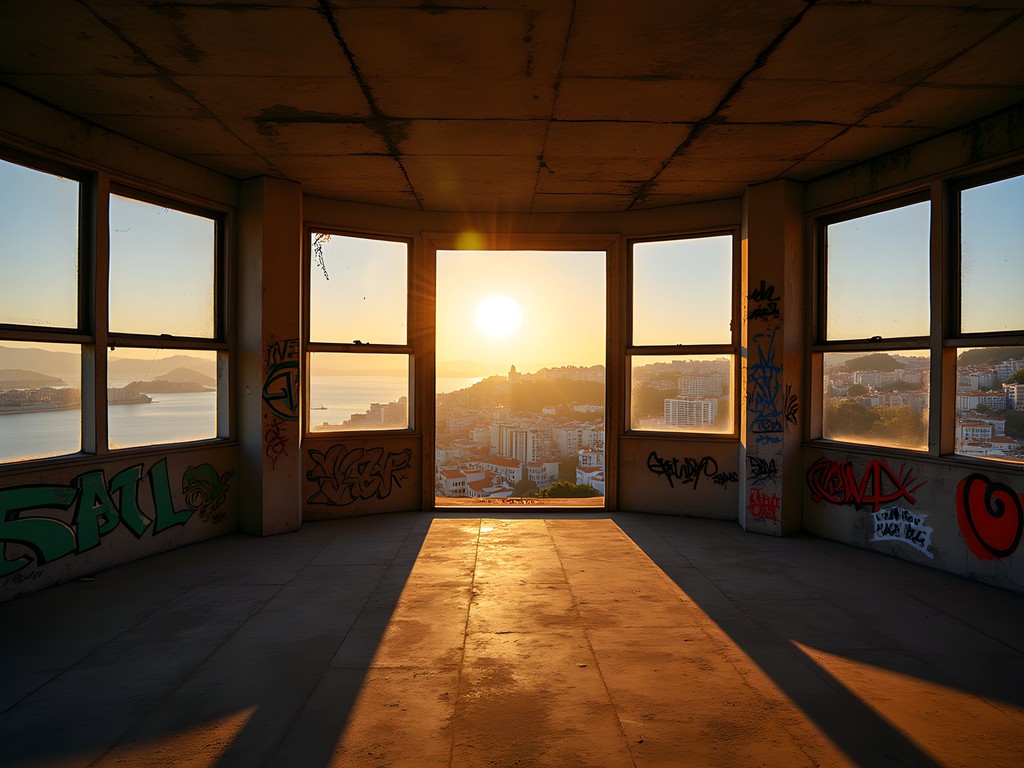 Sunset view from abandoned Panorâmico de Monsanto with Lisbon cityscape and Tagus River