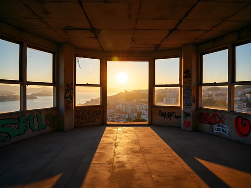 Sunset view from abandoned Panorâmico de Monsanto with Lisbon cityscape and Tagus River