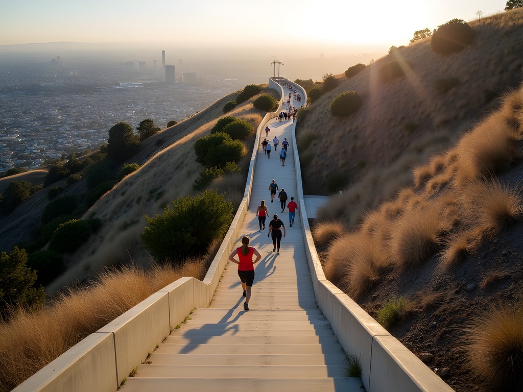 People exercising on the concrete stairs at Baldwin Hills Scenic Overlook