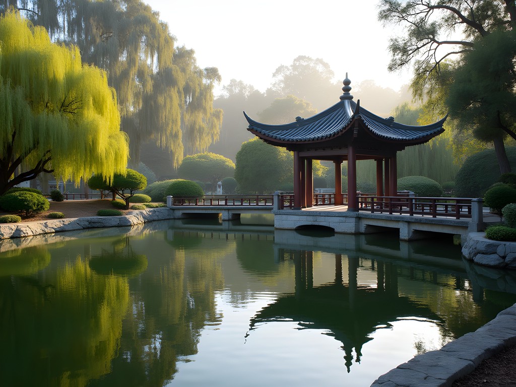 Serene pavilion and lake reflection in the Chinese Garden at The Huntington