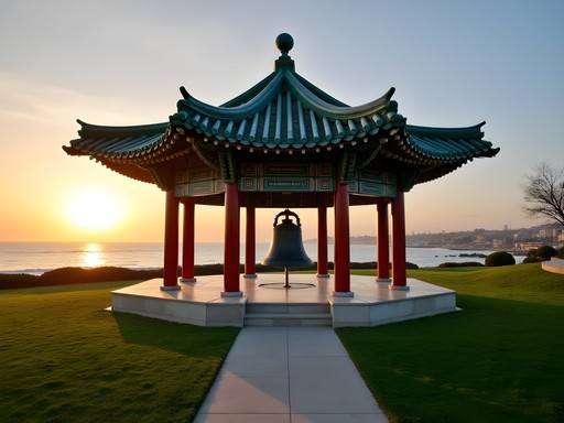 Korean Bell of Friendship pavilion at sunset with ocean view