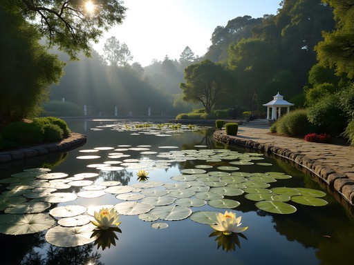 Peaceful meditation gardens and lake at Self-Realization Fellowship Lake Shrine