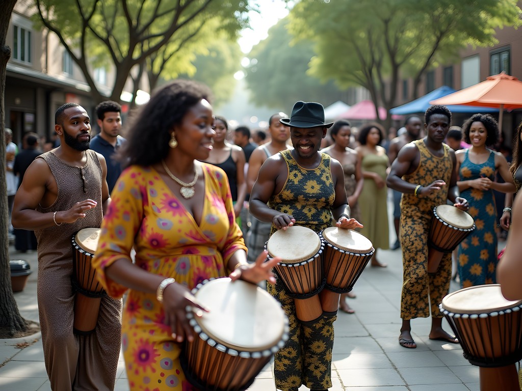 Weekend community gathering with drum circle at Leimert Park Village plaza