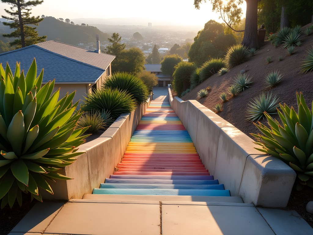 Colorful hidden staircase in Silver Lake neighborhood with urban view