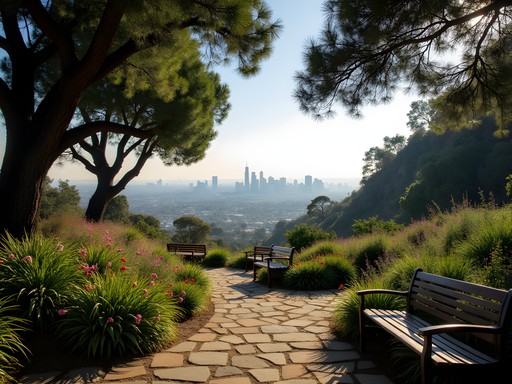 Flowering plants and city views at Amir's Garden in Griffith Park, Los Angeles