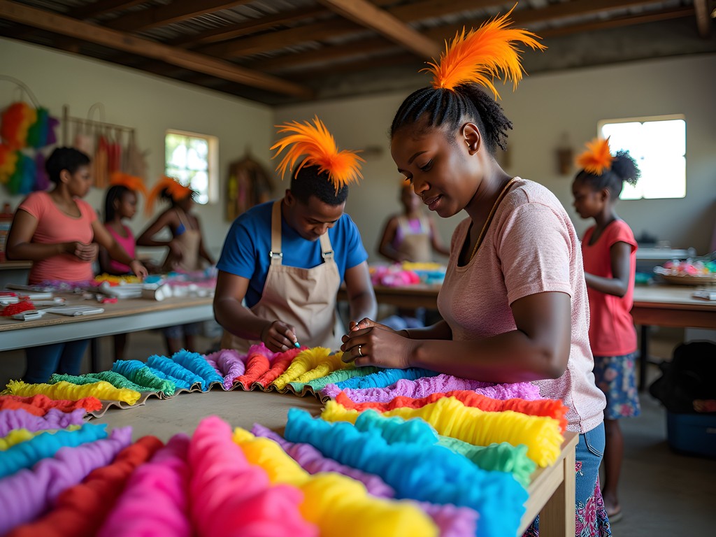 Local Bahamians crafting colorful traditional Junkanoo costumes in a community workshop in Lucaya