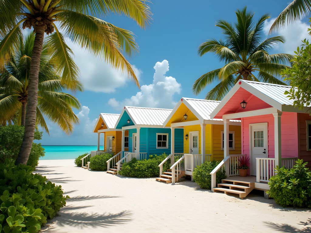 Colorful beachfront cottages with hammocks and tropical gardens at Miss Ruby's local accommodation in Lucaya, Grand Bahama