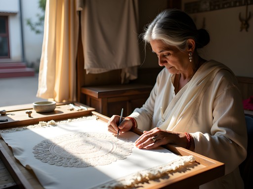 Female artisan demonstrating traditional chikankari embroidery techniques in a Lucknow workshop