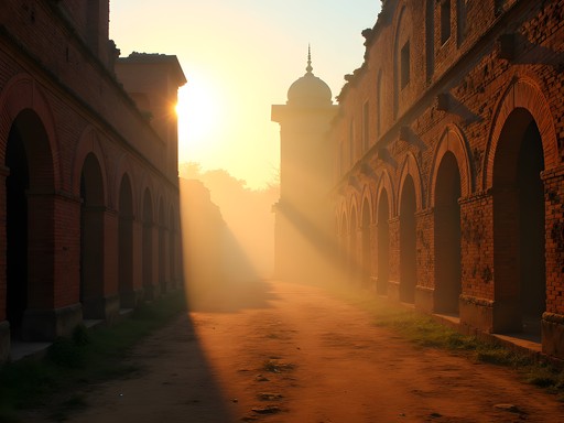 Anthropologist examining architectural acoustics at British Residency ruins at dawn
