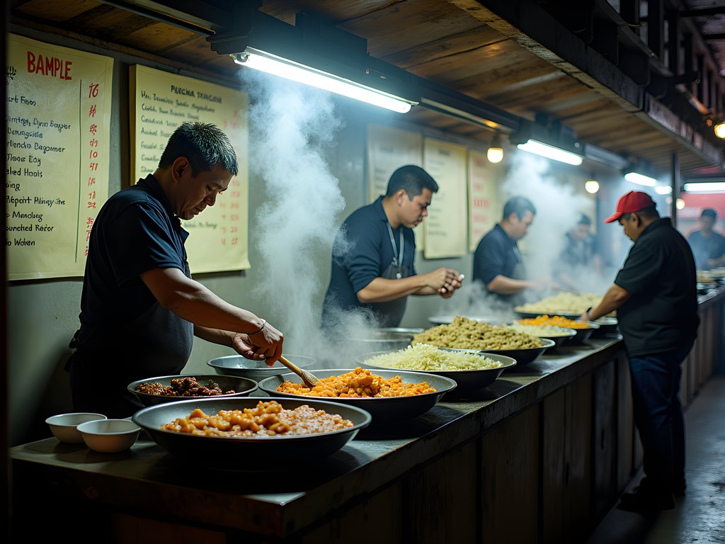 Local food stalls in the upper market of Aguas Calientes with Peruvian cooks preparing authentic meals