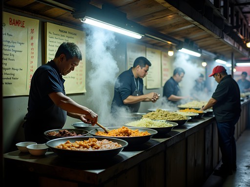 Local food stalls in the upper market of Aguas Calientes with Peruvian cooks preparing authentic meals