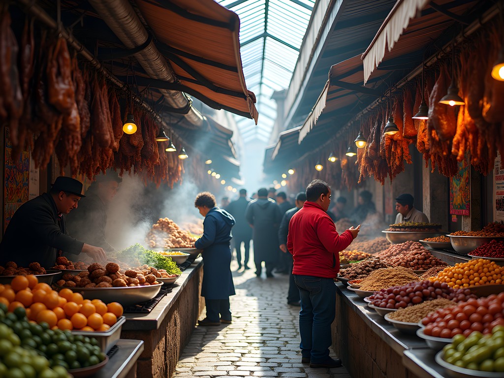 Colorful food stalls at San Pedro Market in Cusco with local vendors and traditional dishes