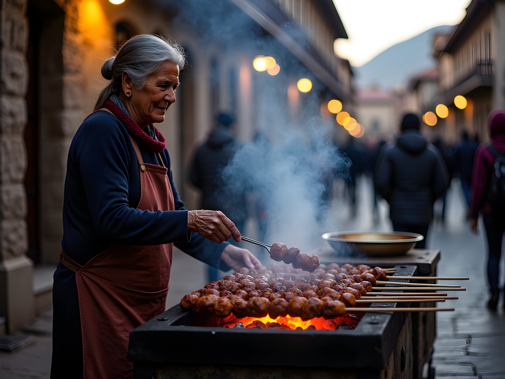 Local vendor grilling anticuchos (beef heart skewers) on a street cart in evening Cusco