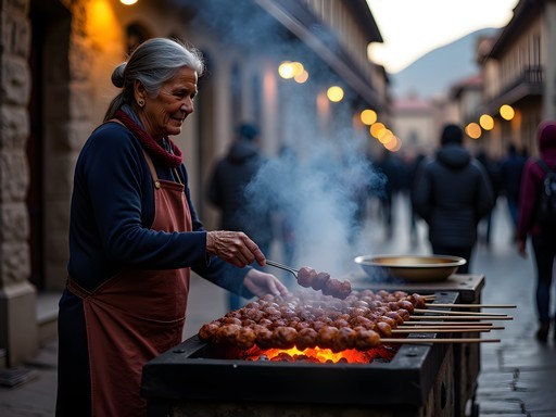Local vendor grilling anticuchos (beef heart skewers) on a street cart in evening Cusco