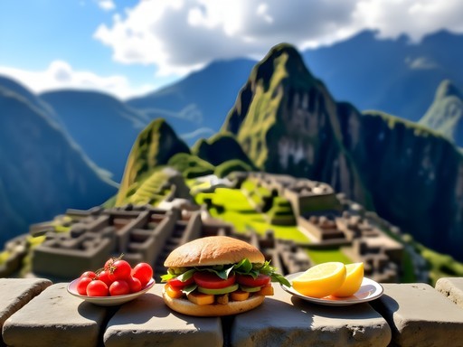 Picnic lunch with panoramic view of Machu Picchu ruins and surrounding mountains