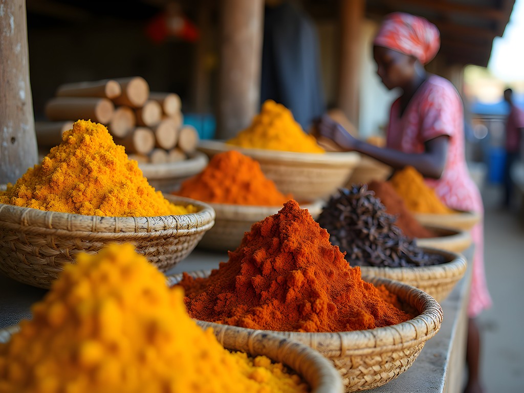 Colorful display of spices and vanilla at Mahajanga's main market