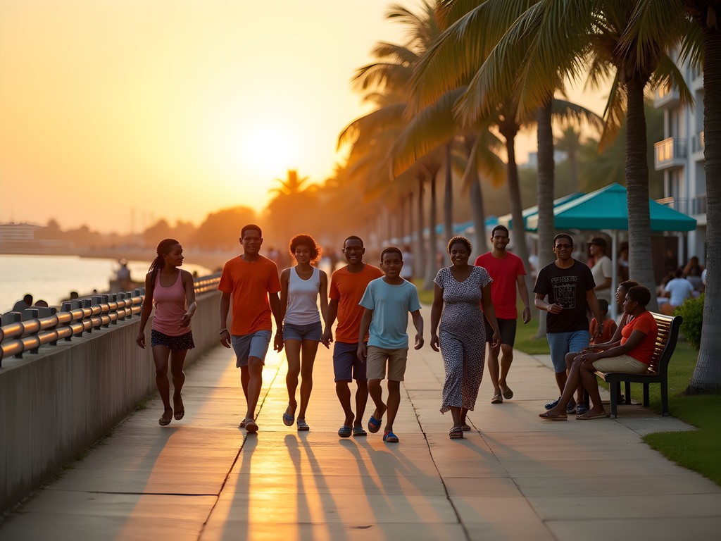 Local families enjoying evening walk along Mahajanga's Corniche Beach promenade