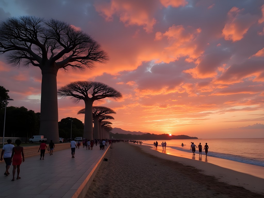 Sunset along Mahajanga's seaside promenade with baobab trees silhouetted against pink sky
