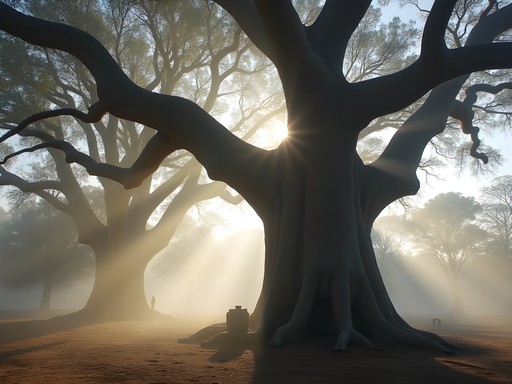 Ancient baobab trees in sacred grove near Mahajanga with traditional offerings