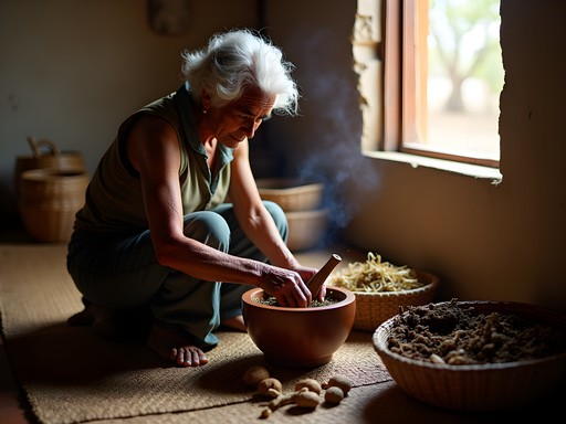 Malagasy traditional healer preparing herbal medicine in wooden mortar