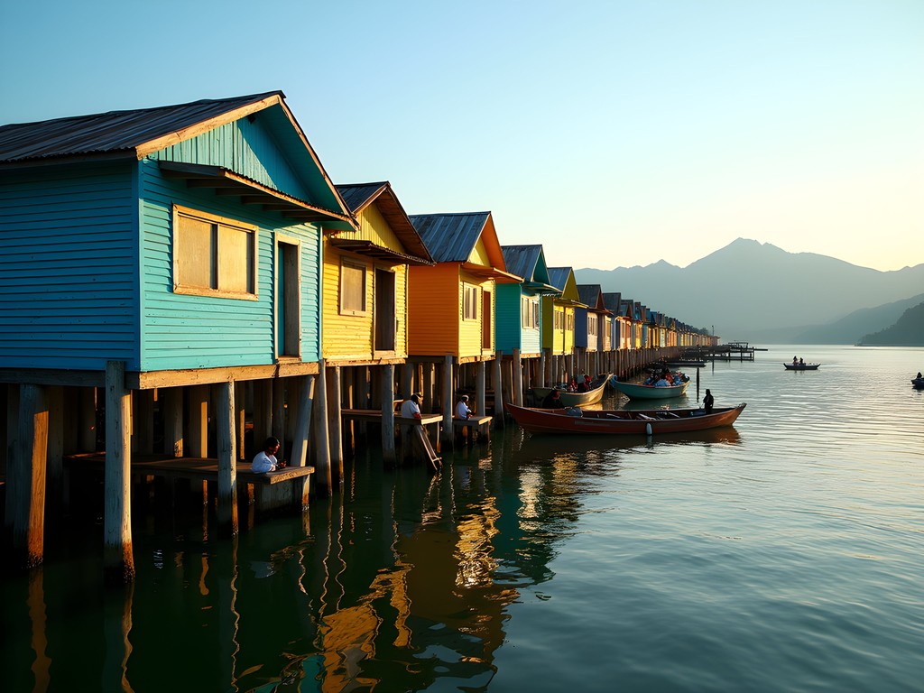 Colorful palafito stilt houses on Lake Maracaibo with mountains in background
