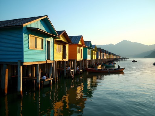 Colorful palafito stilt houses on Lake Maracaibo with mountains in background