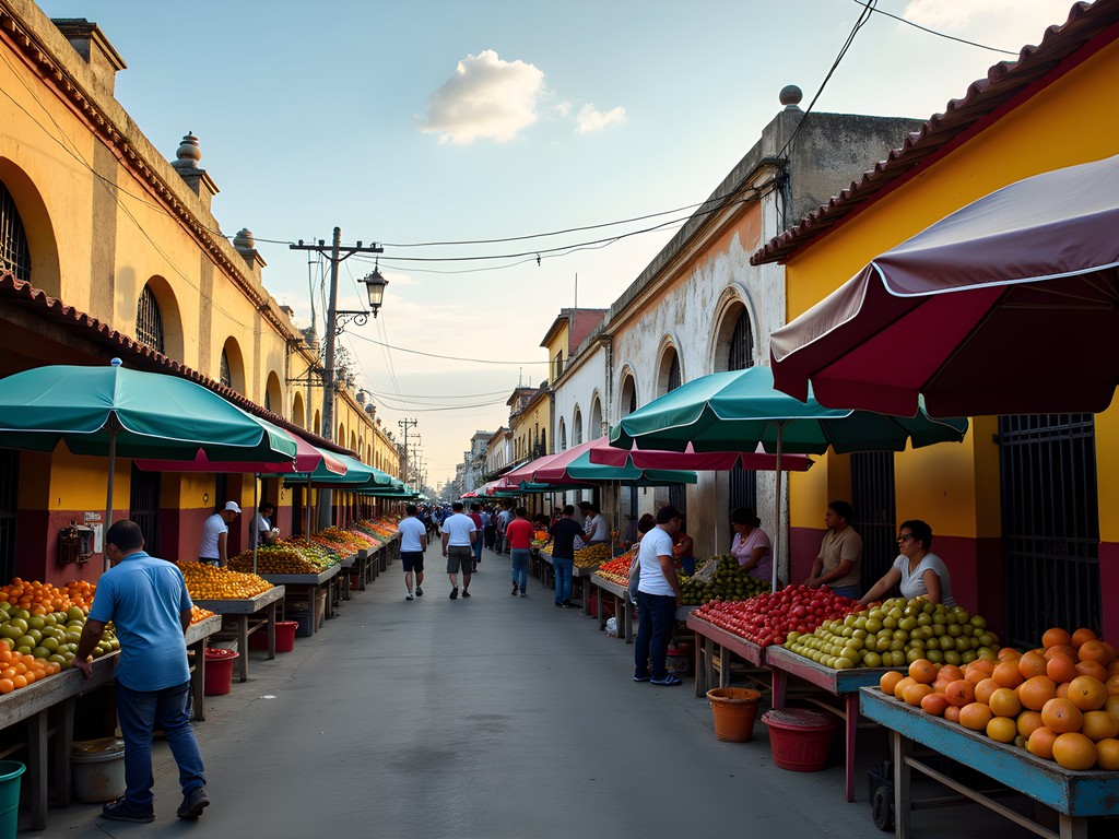Colorful street scene in Maracaibo with local vendors and colonial architecture