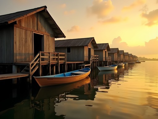 Traditional wooden stilt houses (palafitos) over Lake Maracaibo waters at sunset