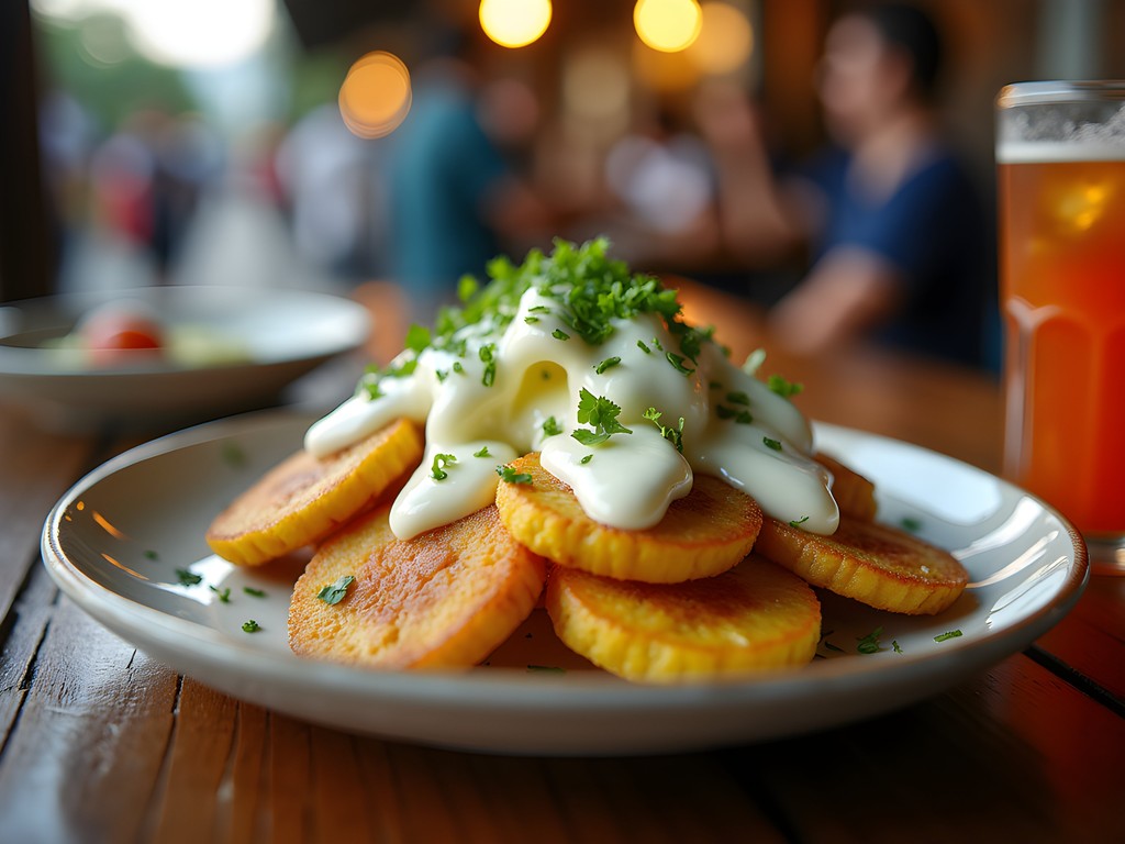 Traditional Venezuelan patacones topped with cheese and garlic sauce in Maracaibo