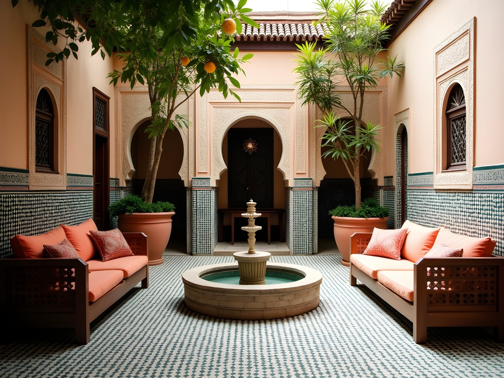 Traditional Moroccan riad interior courtyard with fountain and zellige tilework