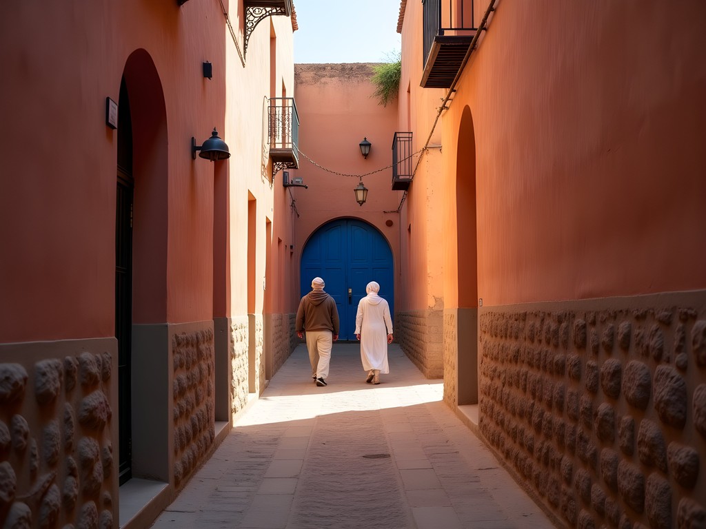 Narrow winding alleyways of Marrakech medina with distinctive blue doorway landmark