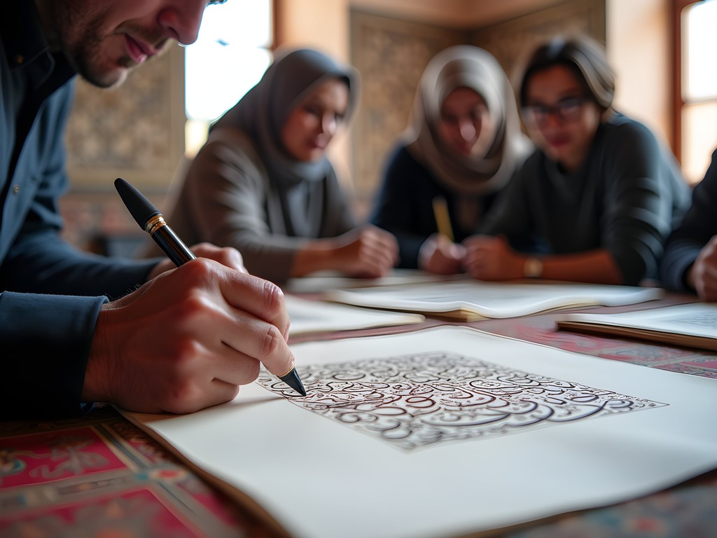 Traditional Moroccan calligraphy workshop with master calligrapher teaching techniques