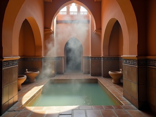 Interior of authentic neighborhood hammam in Marrakech with steam and traditional architecture