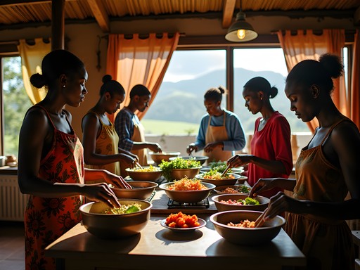 Communal kitchen at Lidwala Backpacker Lodge in Mbabane where travelers cook alongside locals