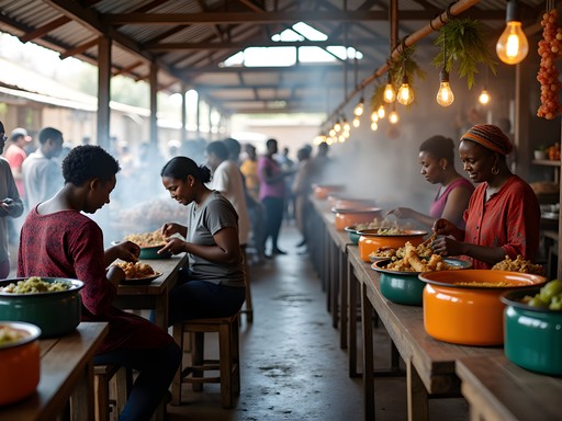 Food stalls at Mbabane Central Market serving traditional Swazi dishes to locals and visitors