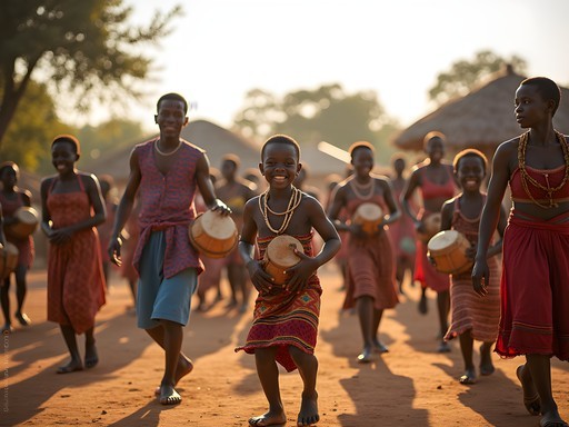 Traditional harvest celebration in rural village near Mbuji-Mayi with community dancing