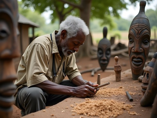 Master woodcarver creating traditional Luba sculpture in village near Mbuji-Mayi