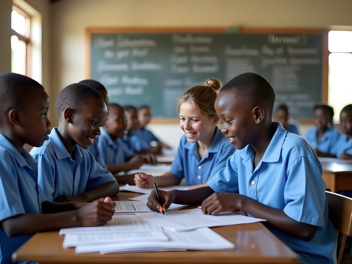 Cultural exchange in classroom between visitor and Congolese schoolchildren in Mbuji-Mayi