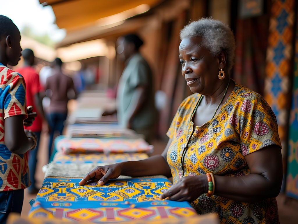 Local woman teaching visitor about traditional Congolese fabric patterns at Mbuji-Mayi market