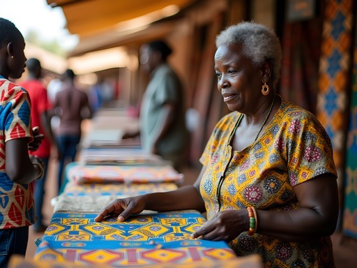 Local woman teaching visitor about traditional Congolese fabric patterns at Mbuji-Mayi market