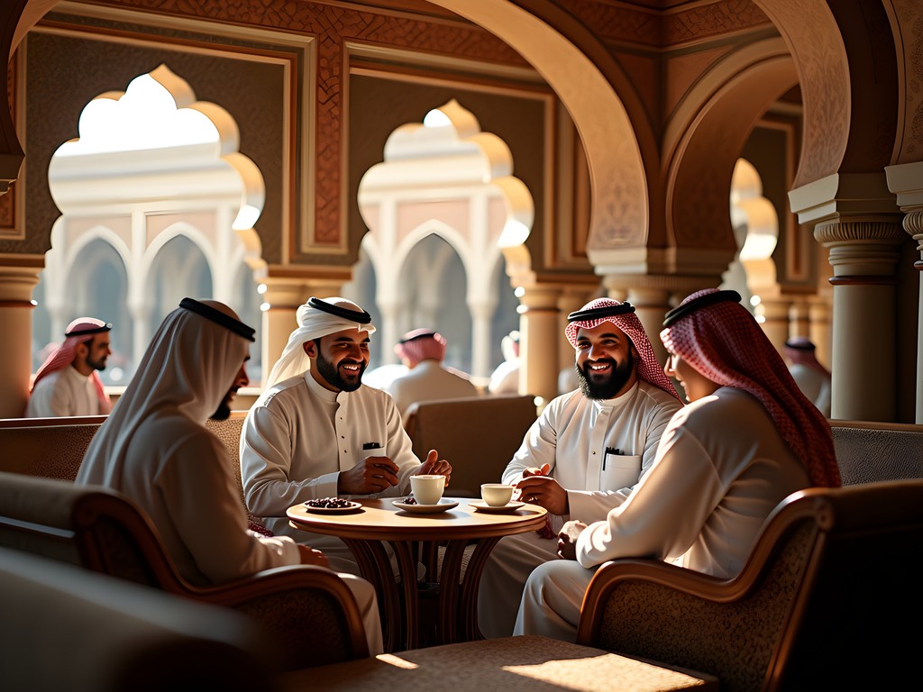 Cultural exchange conversation between traveler and locals at traditional Medina café