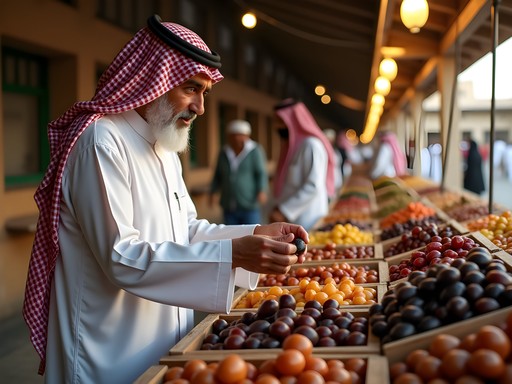 Local vendor explaining date varieties to traveler at Medina's traditional date market
