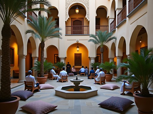 Interior of traditional guesthouse in Medina showing authentic Saudi design elements