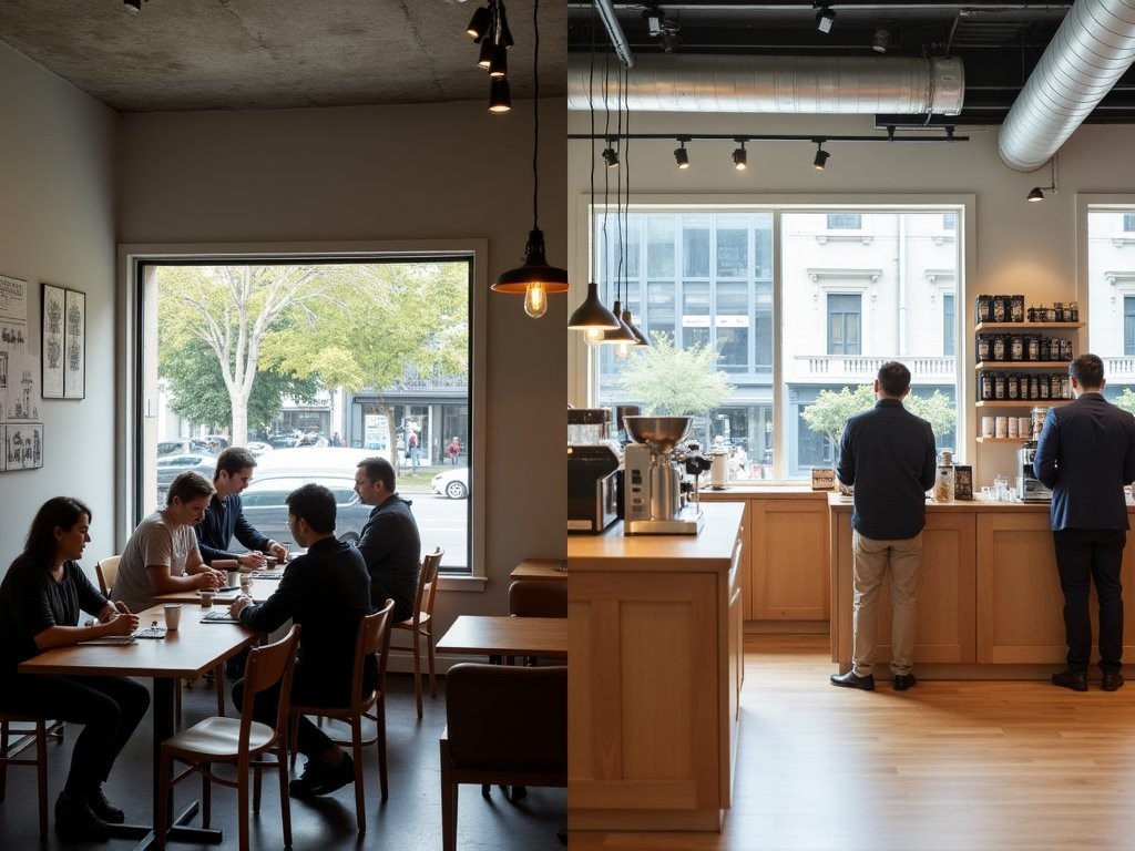 Split image showing Melbourne's casual neighborhood café next to Shanghai's high-end coffee concept store