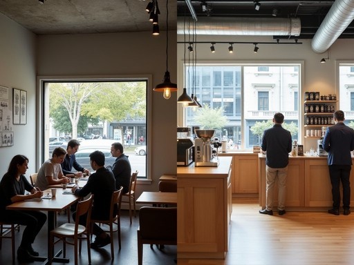 Split image showing Melbourne's casual neighborhood café next to Shanghai's high-end coffee concept store
