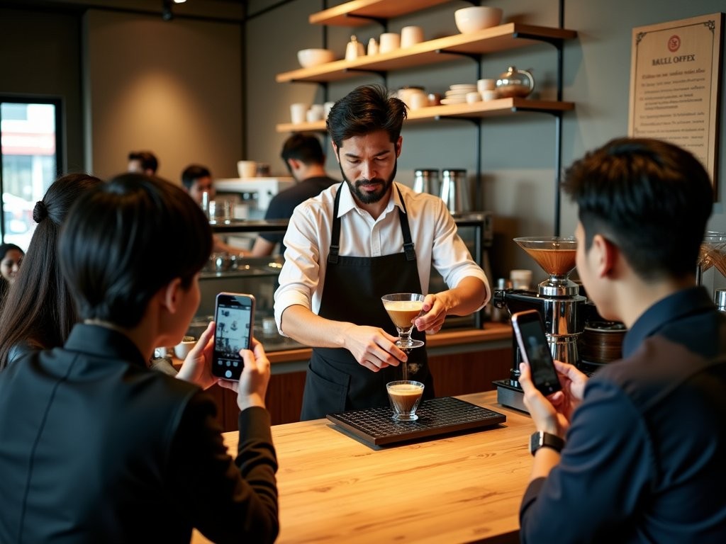 Barista demonstrating coffee brewing techniques to interested customers in Shanghai café