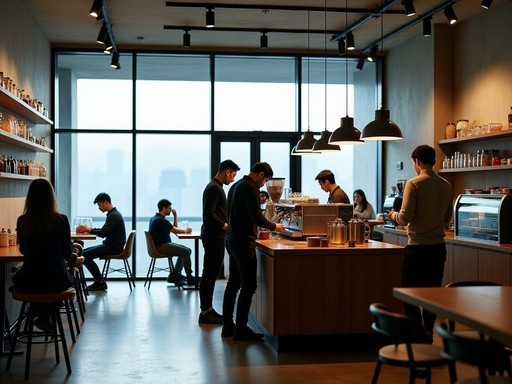 Futuristic Shanghai coffee shop with glass brewing equipment and minimalist interior