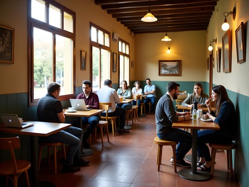Traditional gauchos and tech workers sharing space at Café Regional in Melo, Uruguay