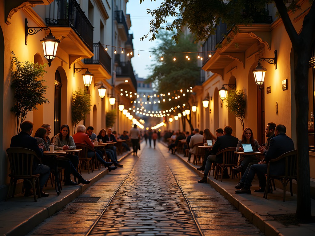 Evening café scene in Ciudad Vieja, Montevideo with locals enjoying conversations