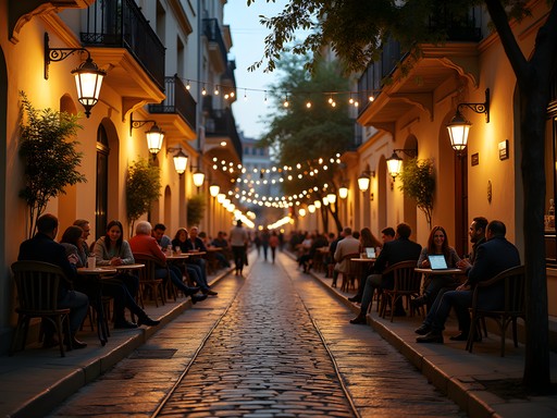 Evening café scene in Ciudad Vieja, Montevideo with locals enjoying conversations